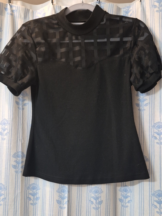 SHEIN Tops - Chic Black Mock Neck Top with Sheer Grid Mesh Yoke & Puff Sleeves Sz S